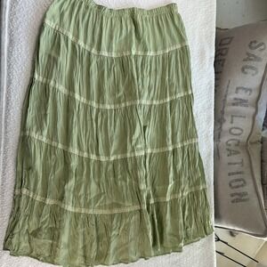 Garnet Hill 100% Silk Maxi Skirt Green Size 14 Elastic Waist Tiered